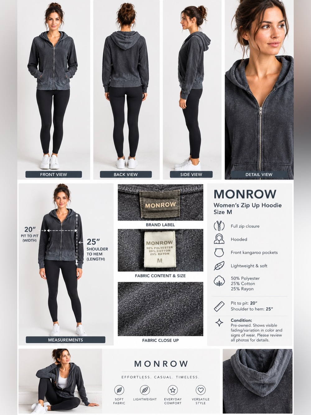 MONROW Women’s Zip Up Hoodie Size M Charcoal Gray Lightweight Soft